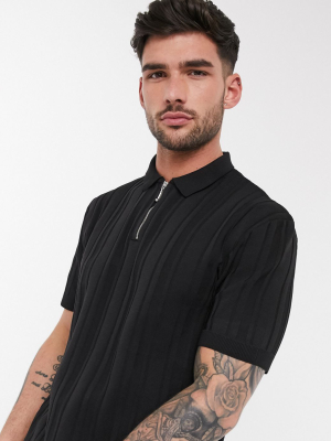 River Island Half Zip Polo In Black