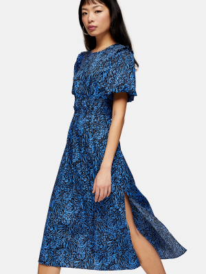 Petite Blue Zebra Print Bubble Sleeve Midi Dress