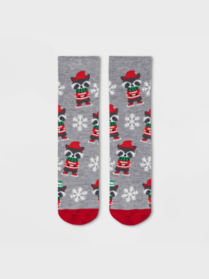 Women's Winter Raccoon Holiday Terry Lined Crew Socks With Grippers - Wondershop™ Heather Gray 4-10