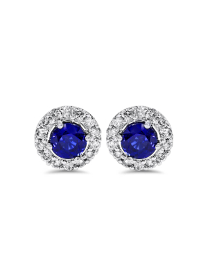 Pompeii3 2ct Halo Diamond Blue Sapphire Studs 14k White Gold (not Enhanced)