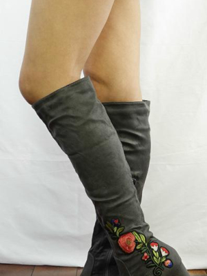 M313 Grey Floral Embroidered Slouchy Knee High Boot