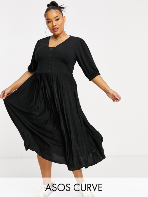 Asos Design Curve Midi Short Sleeve Pleated Dress With Button Detail In Black