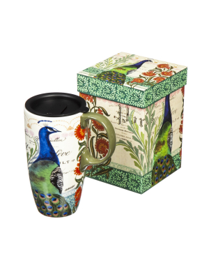 Cypress Home Proud Peacocks Boxed Ceramic Latte Travel Mug 17 Oz.