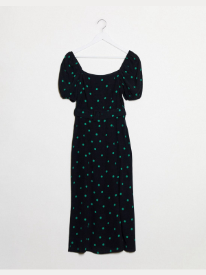 New Look Square Neck Belted Midi Dress In Polka Dot