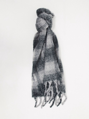 Asos Design Wool Mix Long Fluffy Tonal Check Scarf In Gray