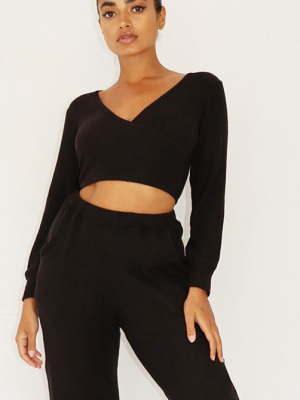 Petite Black Wrap Over Long Sleeve Brushed Rib...