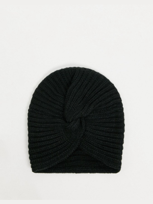 Asos Design Twist Front Knitted Beanie In Black
