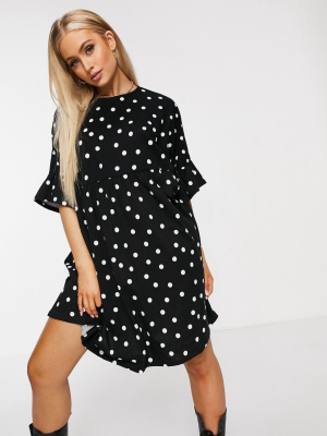 Asos Design Super Oversized Frill Sleeve Smock In Black And White Spot Print