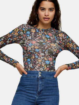 Flower Print Mesh Long Sleeve T-shirt