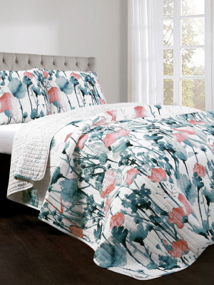 Blue & Coral Zuri Floral Quilt Set - Lush Décor