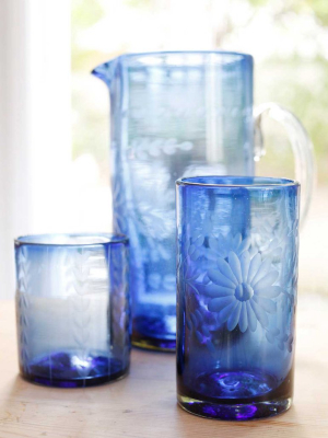 Etched Short Glass - French Blue Leaves