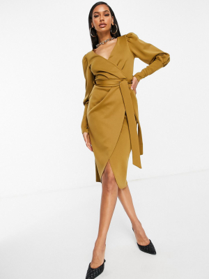 Asos Design Puff Sleeve Wrap Belted Midi Dress In Beige