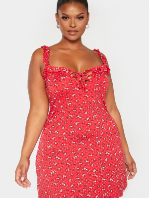 Plus Red Ditsy Floral Print Frill Detail Shift...