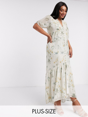 Hope & Ivy Plus Exclusive Button Front Maxi Dress With High Low Hem In Soft Floral