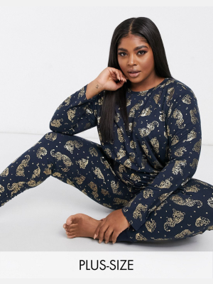 Chelsea Peers Curve Eco-poly Foil Tiger Long Pajama Set In Navy