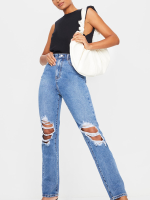 Mid Blue Wash Ripped Knee Long Leg Straight Jeans