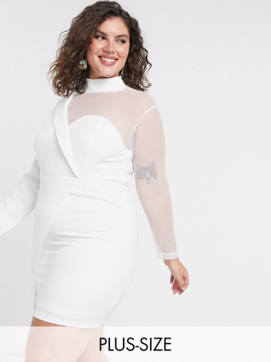 In The Style Plus X Saffron Barker Asymmetric Mesh Tailored Mini Dress In White