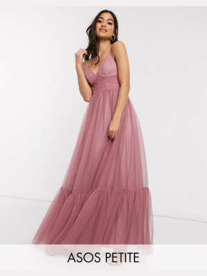 Asos Design Petite Exclusive Cami Spot Tulle Mesh Pep Hem Maxi Dress In Rose