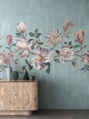 Magnolia Frieze Wall Mural In Aqua And Ochre From The Folium Collection By Osborne & Little
