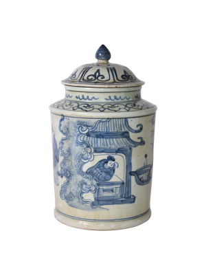 Ancient People Lidded Jar, Blue And White