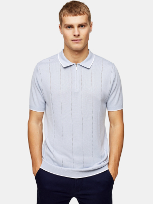 Light Blue Pointelle Zip Knitted Polo