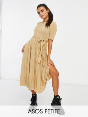 Asos Design Petite Midi Belted Pleated Dress In Camel