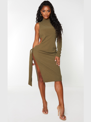 Shape Khaki One Sleeve Cut Out Tie Side Midi Dress