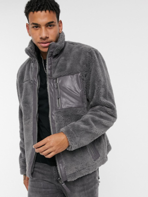 River Island Funnel Neck Track Jacket In Gray Shearling