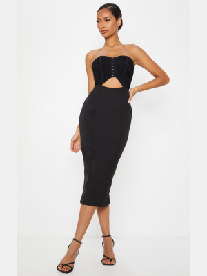 Black Bandeau Mesh Ruched Hook & Eye Midi Dress