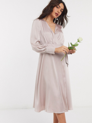 Tfnc Bridesmaid Long Sleeve Wrap Front Sateen Midi Dress With Belt In Pink