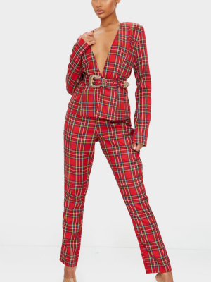 Red Tartan Printed Buckle Belted High Waisted...