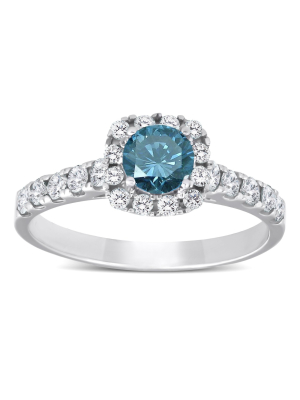 Pompeii3 1 Ct Blue Diamond Cushion Halo Engagement Ring 14k White Gold