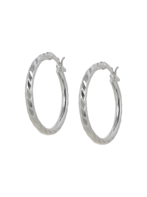 Diamond Cut Medium Hoop Earring - Silver