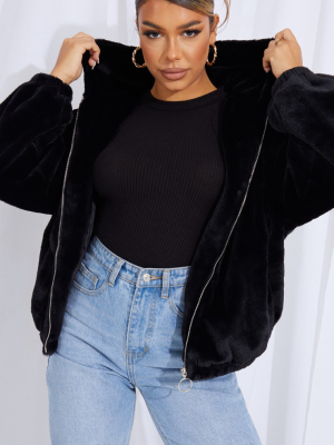 Black Faux Fur Balloon Sleeve Hooded Jacket