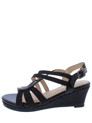 Happy09k Black Open Toe Cross Strappy Kids Wedge