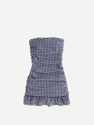 Ruched Bandeau Swim Dress In Puckered Gingham
