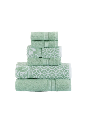 Modern Threads Reversible Yarn Dyed Jacquard 6 Piece Towel Set, Trefoil Filigree, Sage.