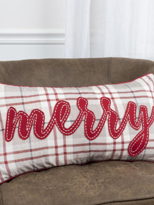 "merry" Word 14"x26" Khaki/red Cotton Poly Filled Pillow