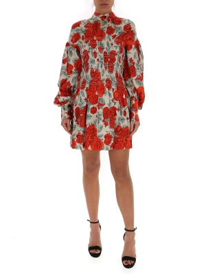 Ganni Floral Printed Shirred Bodice Mini Dress