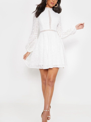 White Lace Long Sleeve Skater Dress