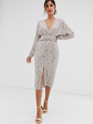 Asos Design Midi Dress With Batwing Sleeve And Wrap Waist In Scatter Sequin