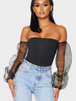 Black Slinky Sheer Puff Sleeve Bardot Bodysuit