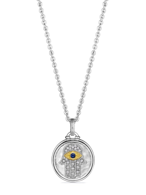 Little Luxuries Textured Hamsa Medallion Necklace With Blue Sapphire, Diamonds And 18k Gold