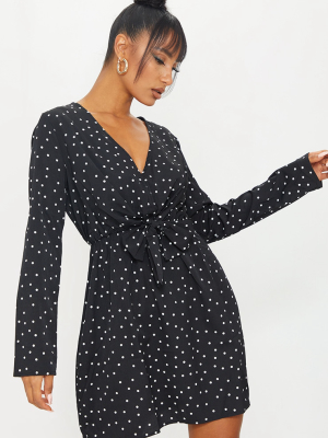 Black Polka Dot Tie Side Puff Sleeve Tea Dress