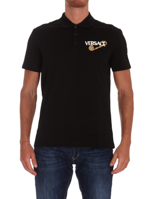 Versace Logo Embroidered Safety Pin Polo Shirt