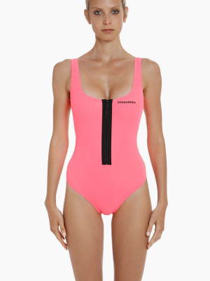 Zip Front One Piece Swimsuit - Fuchsia Pink