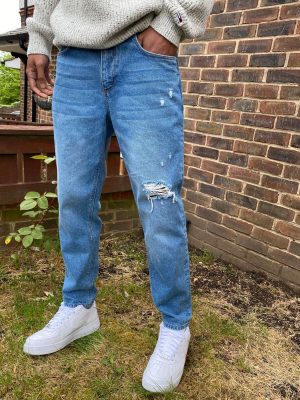 Asos Design Classic Rigid Jeans In Mid Wash Blue With Rips