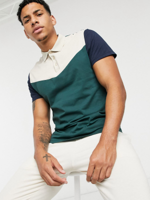 Asos Design Polo Shirt With Chevron In Dark Green