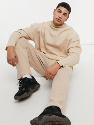 Asos Design Oversized Waffle Roll Neck In Beige