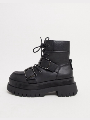 Bershka Buckle Detail Chunky Boots In Black